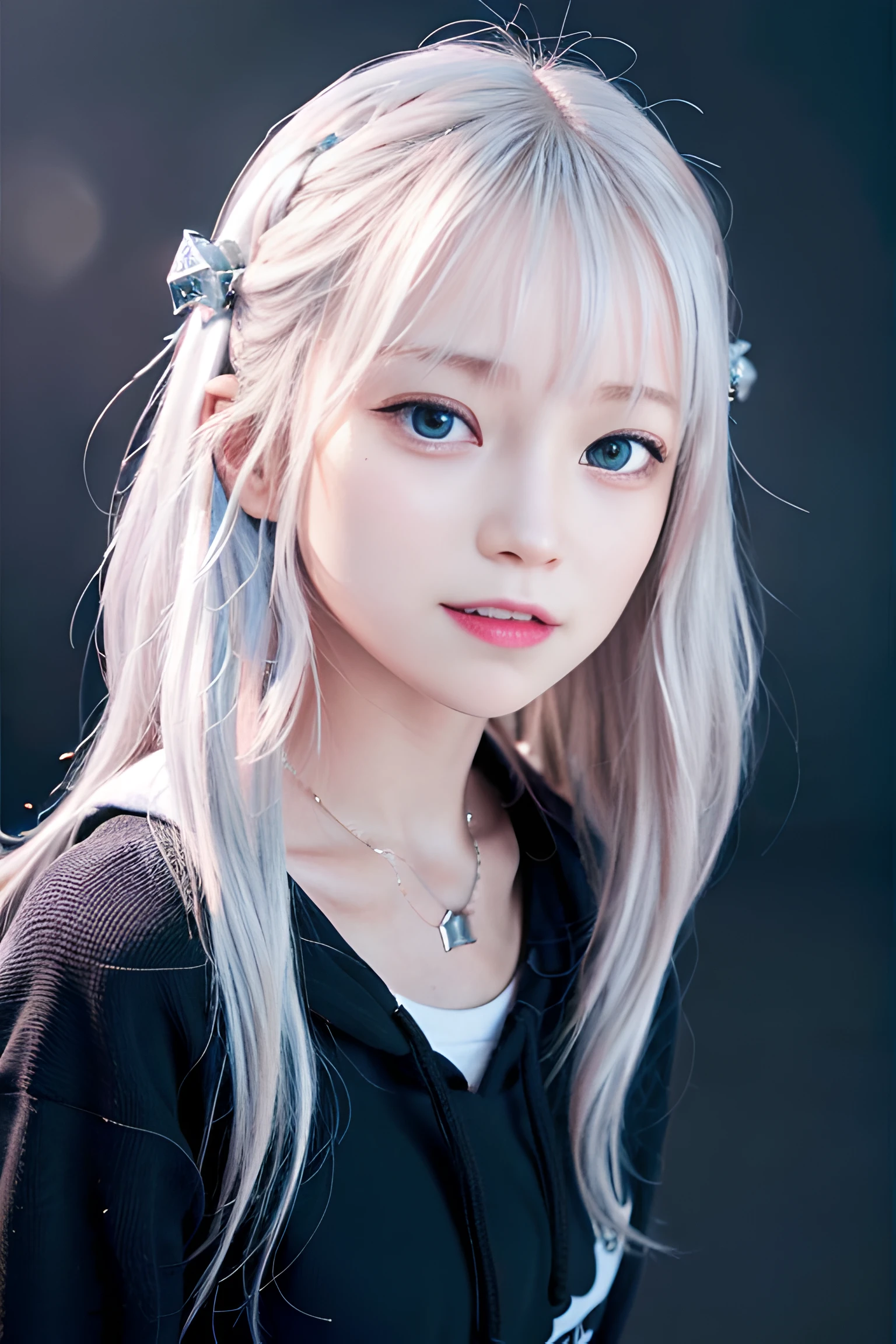 {best quality}, {{masterpiece}}, {highres}, extremely detailed CG, extremely detailed 8K wallpaper, extremely detailed character,{an extremely delicate and beautiful portrait}, (((portrait))), solo, sharp focus, dramatic angle, {{cinematiclighting}}, (photorealistic:2),{{{character({{{a girl}}}, {{{{{{loli}}}}}}, smile, opened mouth, beautiful detailed eyes, light blue eyes)}}}, (()),highly detailed eyes, highly detailed face,small areola, (cowboy shot), 1 girl, solo, standing, studio background, (black background), gawr gura, gura, shark girl, tail, shark tail, sharp teeth, white hair, multicolored hair, petite, blue hoodie, hair ornament, <lora:virtualYoutuberGawr_ggV1:0.4>,<lora:koreanDollLikeness_v10:0.6>
