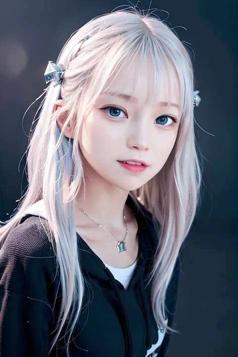 {best quality}, {{masterpiece}}, {highres}, extremely detailed CG, extremely detailed 8K wallpaper, extremely detailed character,{an extremely delicate and beautiful portrait}, (((portrait))), solo, sharp focus, dramatic angle, {{cinematiclighting}}, (photorealistic:2),{{{character({{{a girl}}}, {{{{{{loli}}}}}}, smile, opened mouth, beautiful detailed eyes, light blue eyes)}}}, (()),highly detailed eyes, highly detailed face,small areola, (cowboy shot), 1 girl, solo, standing, studio background, (black background), gawr gura, gura, shark girl, tail, shark tail, sharp teeth, white hair, multicolored hair, petite, blue hoodie, hair ornament, <lora:virtualYoutuberGawr_ggV1:0.4>,<lora:koreanDollLikeness_v10:0.6>