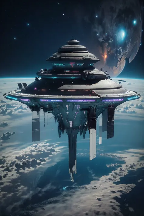 <lora:空间站:0.9>kongjianzhan,ufo,Neon Light,Earth,