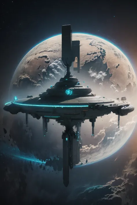 <lora:空间站:0.8>kongjianzhan,ufo,Neon Light,Earth,