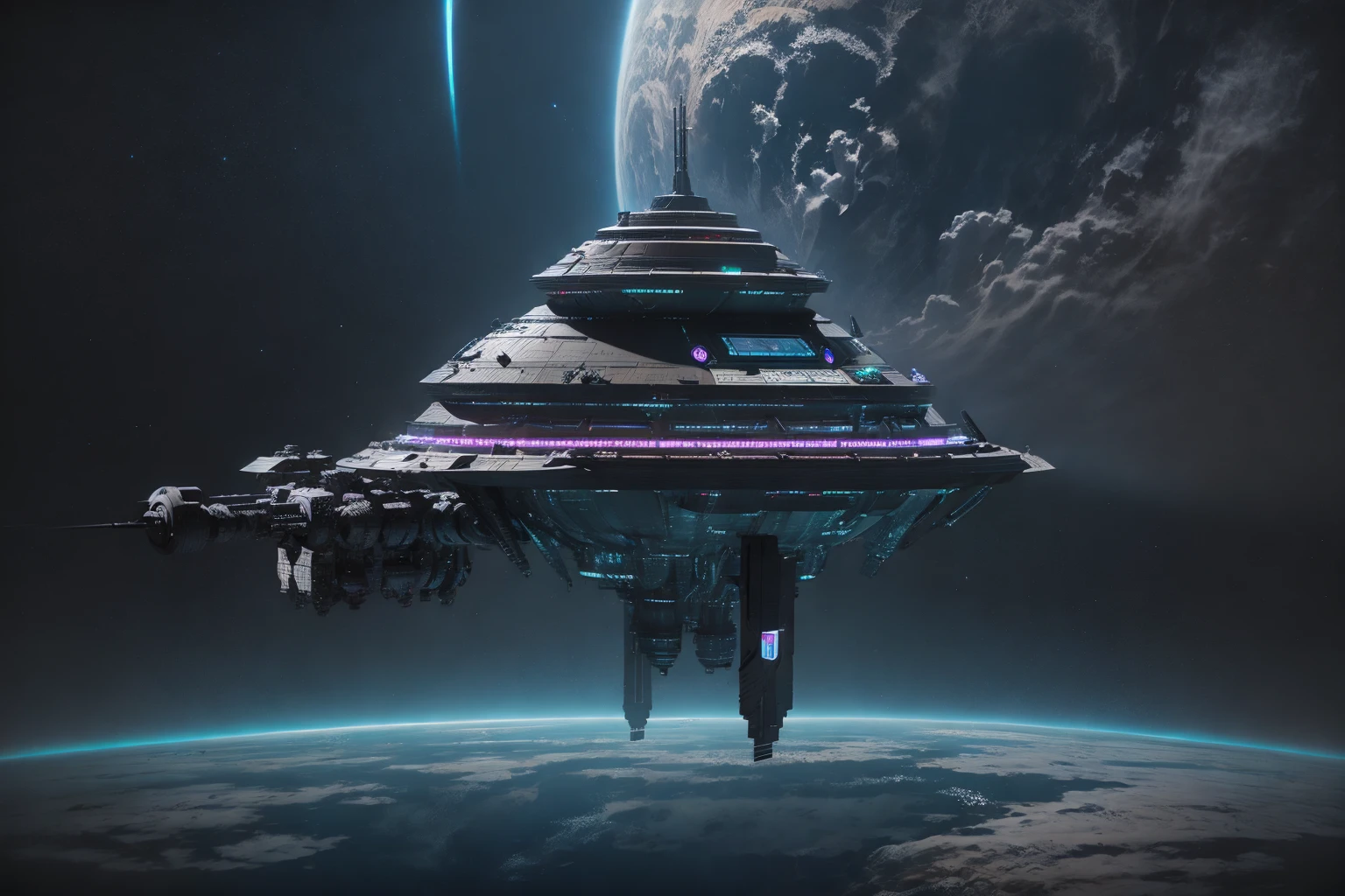 <lora:空间站:0.8>kongjianzhan,ufo,Neon Light,Earth,