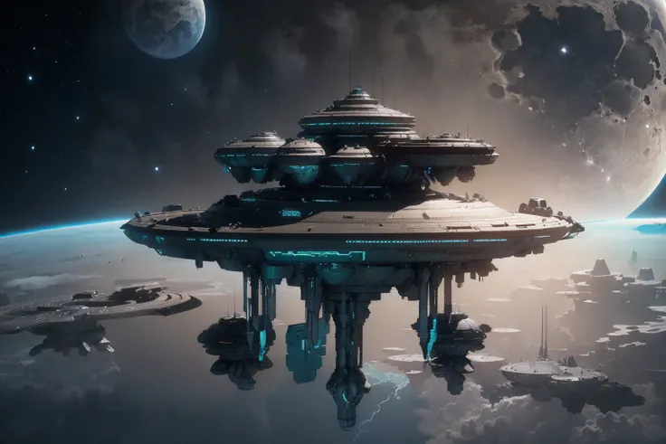 <lora:空间站:0.8>kongjianzhan,ufo,Neon Light,Earth,Planet,Moon,Spaceship,
