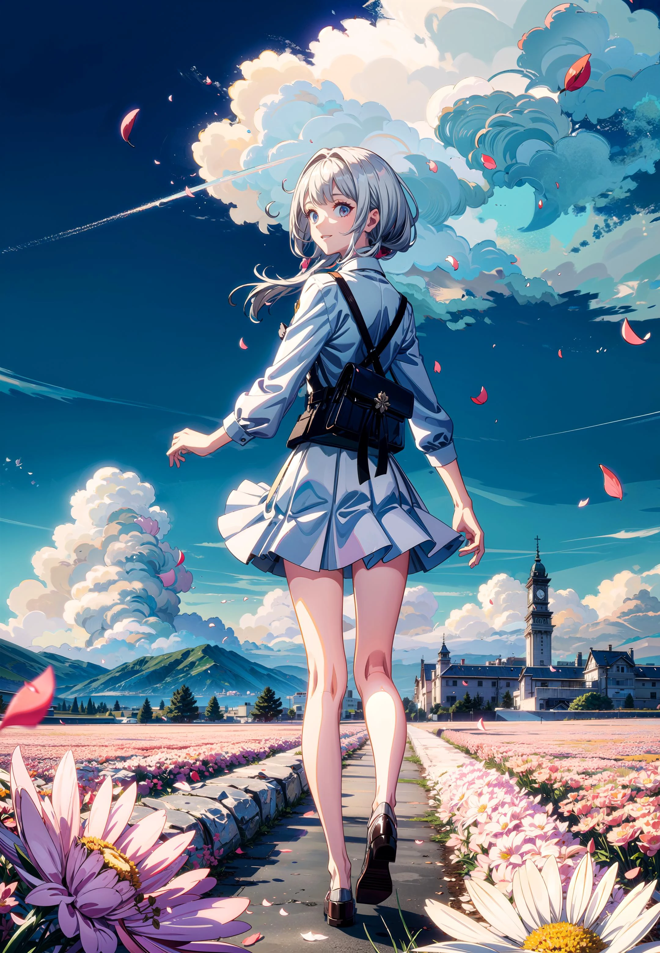 masterpiece, best quality,
1girl, backlighting, white hair, solo, smile, white skirt, (flying petal:1.2), (flowery meadow),
sky, cloudy sky, building, sun