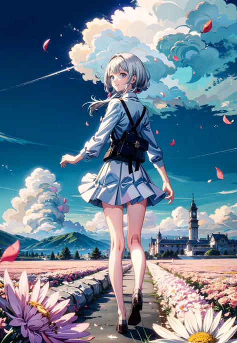 masterpiece, best quality,
1girl, backlighting, white hair, solo, smile, white skirt, (flying petal:1.2), (flowery meadow), 
sky, cloudy sky, building, sun
