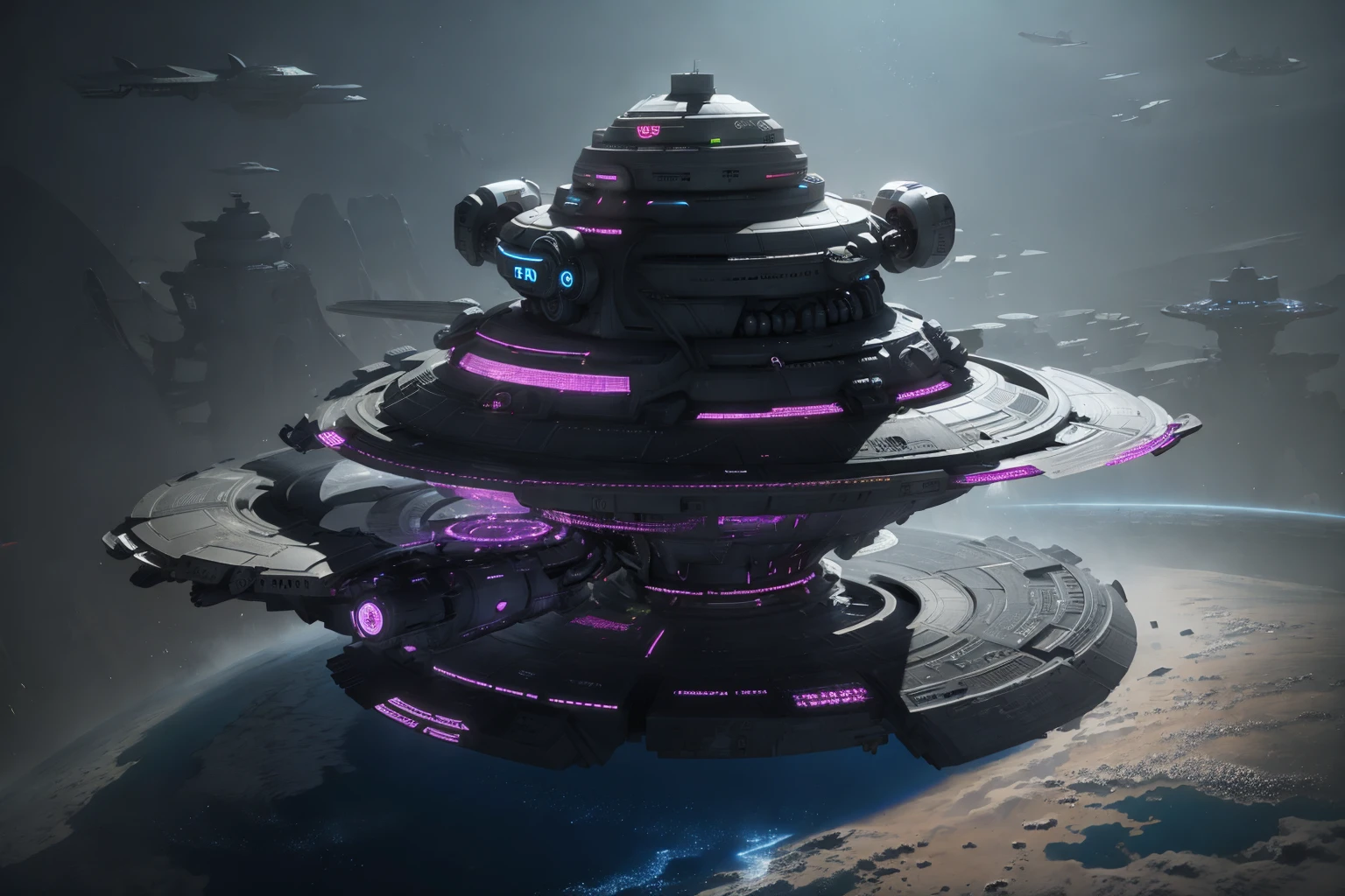 <lora:空间站:0.8>kongjianzhan,ufo,Neon Light,Earth,