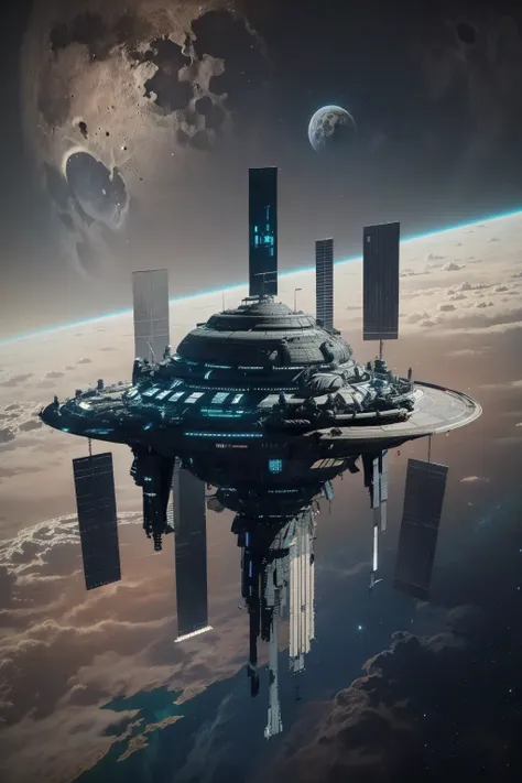 <lora:空间站:0.8>kongjianzhan,ufo,Neon Light,Earth,Planet,Moon,