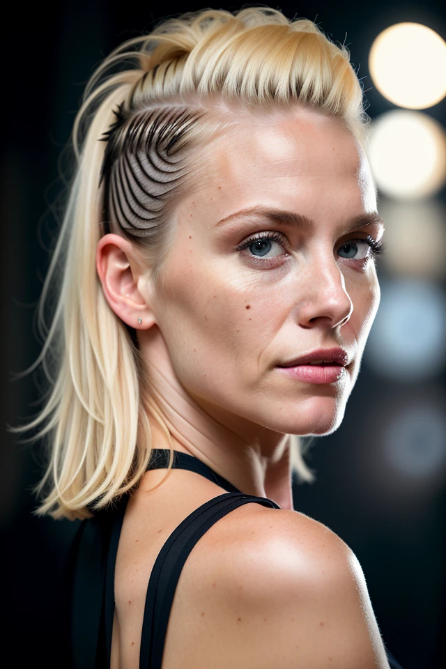 a three-quarter portrait of a 42yo blond woman looking sideway over the shoulder with hi-top fade, (dark theme:1.2), soothing tones, muted colors, high contrast, (excessively defined variated skin texture, hyperrealistic, diffused light), clustered, bumpy, award winner, (panavision 70)