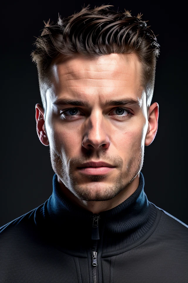 a prof photo of a confident northern 32yo man looking sideways with gentle head tilt, quiff, enhanced brutality, dark theme, soothing tones, muted colors, (excessively defined variated skin texture, hyperrealistic, diffused light), clustered, authentic neck, (normal exposure:1.4), upvoted
