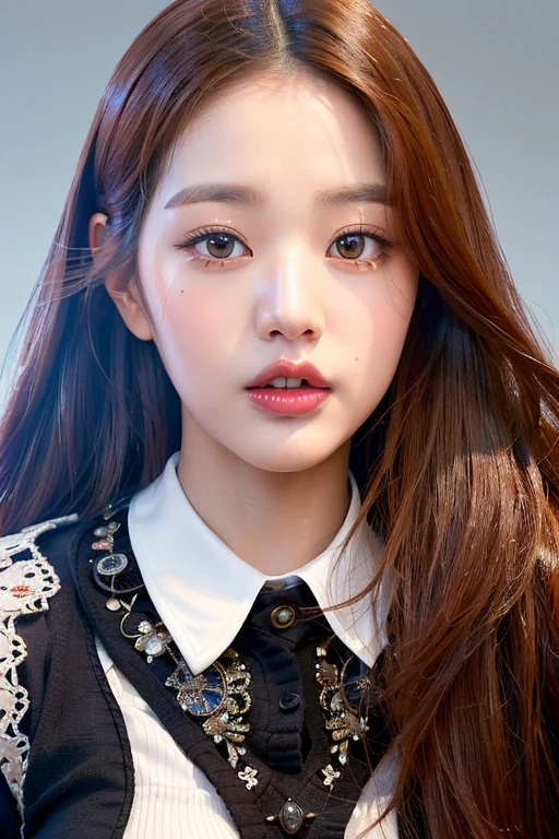 , RAW,(8k, best quality, masterpiece:1.2),(intricate details:1.4),(photorealistic:1.4),octane render, complex 3d render ultra detailed, studio soft light, rim light, vibrant details, ultra detailed, realistic skin texture, detailed face, beautiful detailed eyes, extremely detailed CG unity 8k wallpaper, makeup, (cowboy shot),(perfect anatomy),(wide hip:1), accurate face of jang wonyoung, (face accuracy of jang wonyoung:1.5), accurate face,
smiling , better face, (correct lips:1.3), (teeth visible:1.5). (symmetrical teeth structure :1.5),, (symmetric eye shape:2) <lora:WONYOUNG dfg-01:1.2> 0,(red lips:1.5),(equal eye size:2)