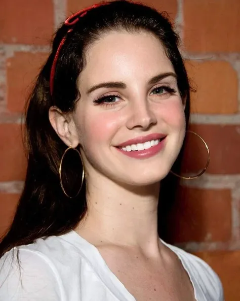 arafed woman with a red headband and big hoop earrings, lana del rey, a portrait of lana del rey, beautiful and smiling, most beautiful woman on earth, headshot profile picture, high quality portrait, perfect likeness, high quality image, gorgeous young alison brie, great likeness, taken in the late 2010s, headshot photo, emma roberts