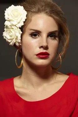 arafed woman with a flower in her hair and a red dress, lana del rey, a portrait of lana del rey, big earrings, big red lips, huge earrings, red lips, both have red lips, high quality portrait, very beautiful woman, giant earrings, wide golden eyes and red lips, inspired by Emma Ríos, flower, gorgeous lady