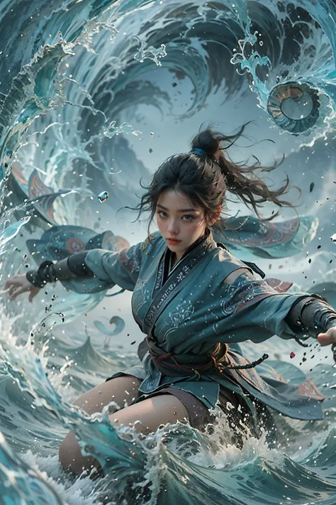 Best quality,masterpiece,ultra high res,,yushuishu,1girl,solo,black hair,water,waves,lips,full body, <lora:yushui:0.8>