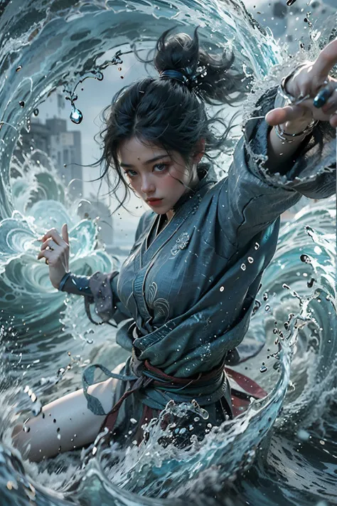 Best quality,masterpiece,ultra high res,,yushuishu,1girl,solo,black hair,water,waves,lips,full body, <lora:yushui:0.8>,