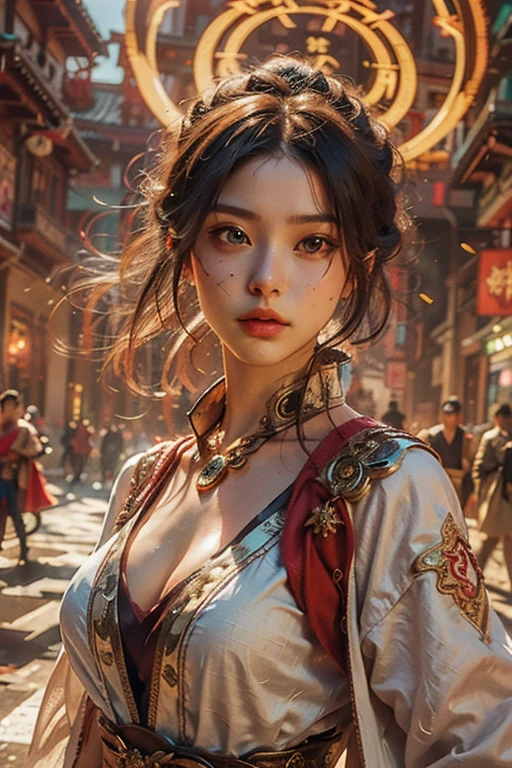 Best quality,masterpiece,ultra high res,(photorealistic:1.4),xiuxian,weapon,Detailed face,
<lora:nihong:0.5>,1girl,solo,weapon,cleavage,(magic circle:1.2),xiuxian,upper body,Beautiful girl,