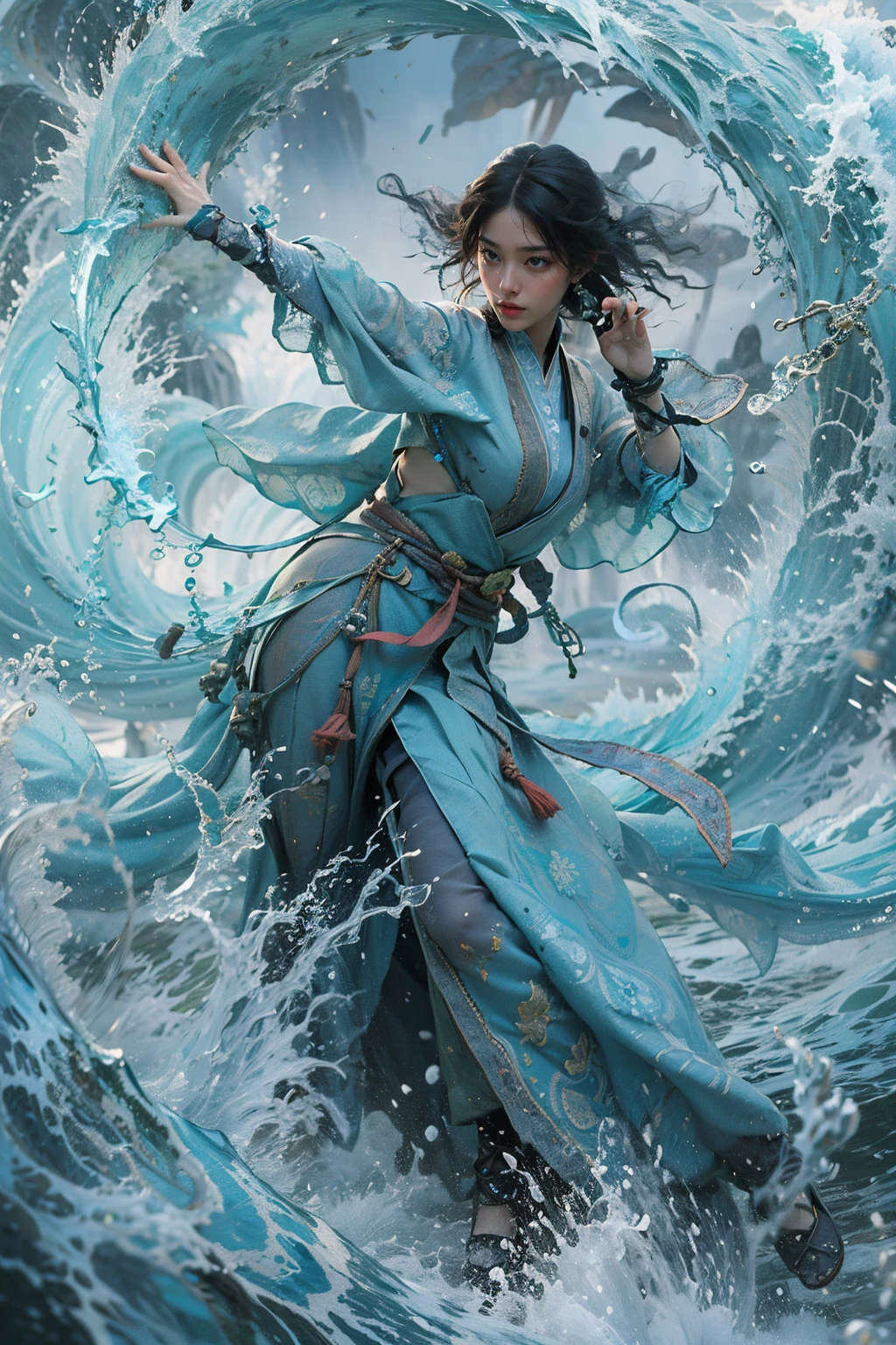 Best quality,masterpiece,ultra high res,,yushuishu,1girl,solo,black hair,water,waves,lips,full body, <lora:yushui:0.8>