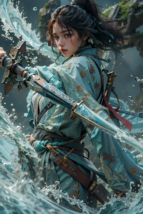 Best quality,masterpiece,ultra high res,,yushuishu,1girl,solo,black hair,water,waves,lips,full body, <lora:yushui:0.8>, holding weapon,