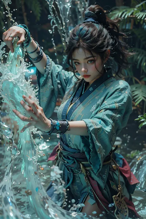 Best quality,masterpiece,ultra high res,,yushuishu,1girl,solo,black hair,water,waves,lips,full body, <lora:yushui:0.8>