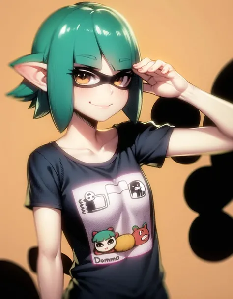 solo, inkling, inkling girl, domino mask, tentacle hair, green hair, short hair, tomboy, t-shirt, smile, v, <lora:inkling:0.6>