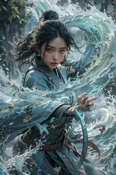 Best quality,masterpiece,ultra high res,,yushuishu,1girl,solo,black hair,water,waves,lips,full body,<lora:yushui:0.8>,Take the sword.,The normal hand.,