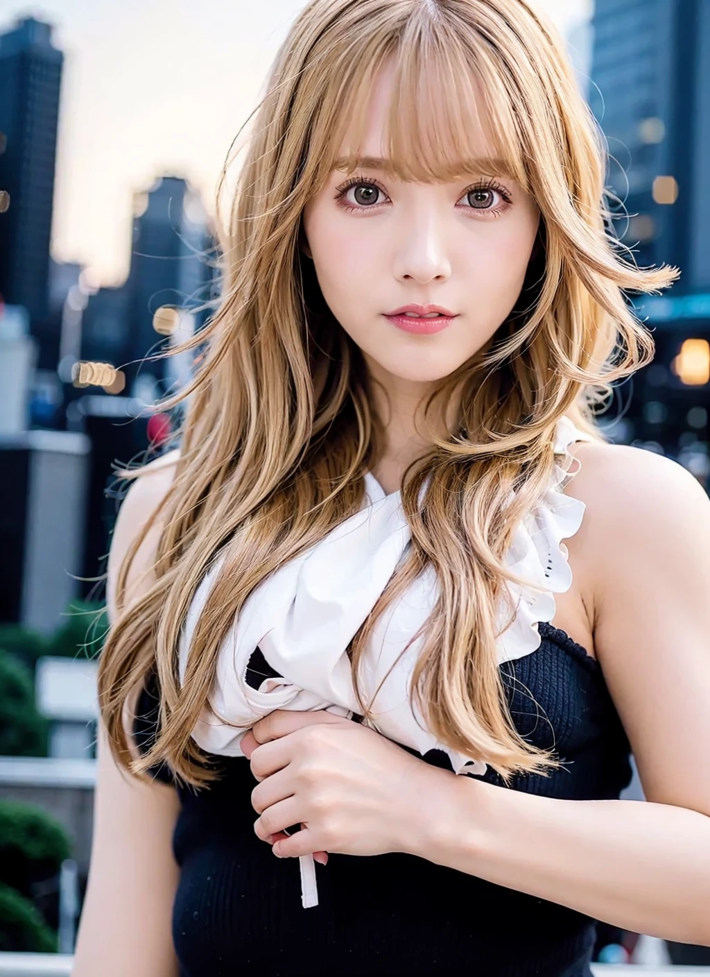 best quality, photorealistic, 8k, high res, 1girl, woman,(skindentation), medium breast, (professional lighting, bokeh), (street), (people, crowds:0.6), market, (night:1.2),(blonde hair:2.0), (blouse:1.5), (portait:0.6), gorgeous, bloom, (looking at the camera), (professional lighting, bokeh), night, (((cityscape))), (portait:0.6), gorgeous, (dynamic pose:1.2), (floating hair),(light particles, lens flare, glowing particles:0.6), soft lighting, <lora:wrsky-Yua:0.75>
