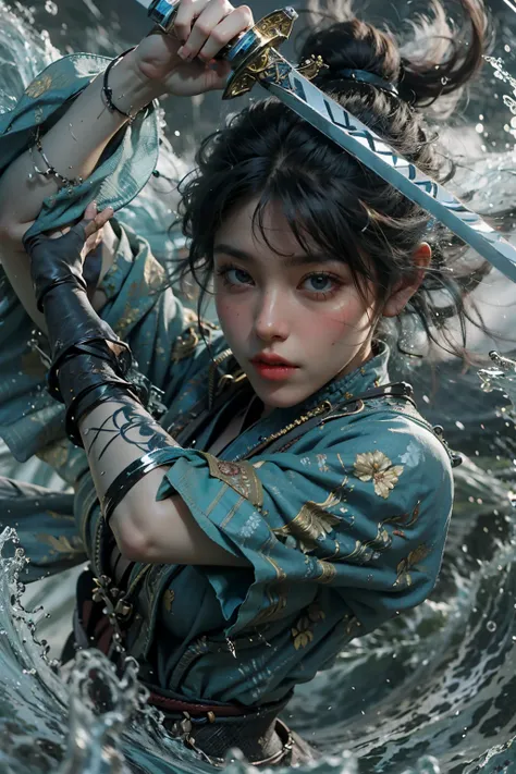 Best quality,masterpiece,ultra high res,,yushuishu,1girl,solo,black hair,water,waves,lips,full body,<lora:yushui:0.8>,Take the sword.,The normal hand.,