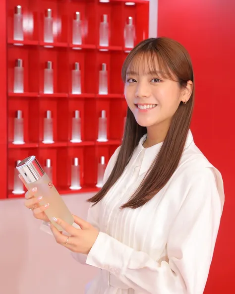 arafed asian woman holding a cell phone in front of a red wall, yasumoto oka, by Tadashi Nakayama, photoshoot for skincare brand, sha xi, gemma chen, ann takamaki, sui ishida, akiko takase, ji-min, 奈良美智, kimi takemura, yoshinari yoh