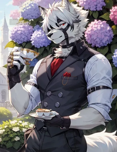 best quality, ultra high res,1furry boy， solo，，((detailed eyes))， volumetric lighting, amazing, finely detail, outdoor, in western garden, afternoon tea, hydrangea, shirt, pants, vest, ( fur, furry, (((white fur)))), white hair, lycaon, short hair, wolf ears, eyepatch, tail, wolf boy, red eyes