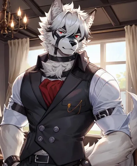 best quality, ultra high res,1furry boy， solo，，((detailed eyes))， volumetric lighting, amazing, finely detail, indoor, luxurious, Western style rooms, upper body, shirt, pants, vest, (body fur, fur, furry, white body, white fur), white hair, lycaon, short hair, wolf ears, eyepatch, tail, wolf boy, red eyes, white arm