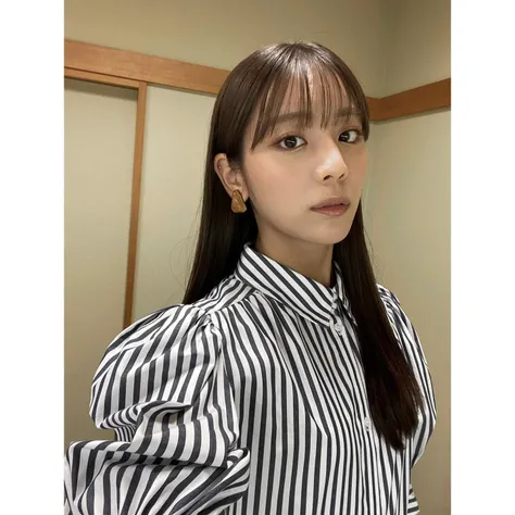 a close up of a woman wearing a striped shirt and earrings, 🚿🗝📝, 奈良美智, the hime cut, chiho, by Ayami Kojima, with bangs, by Yasutomo Oka, curtain bangs, harumi, bangs, by Oka Yasutomo, 8k!!, ayaka