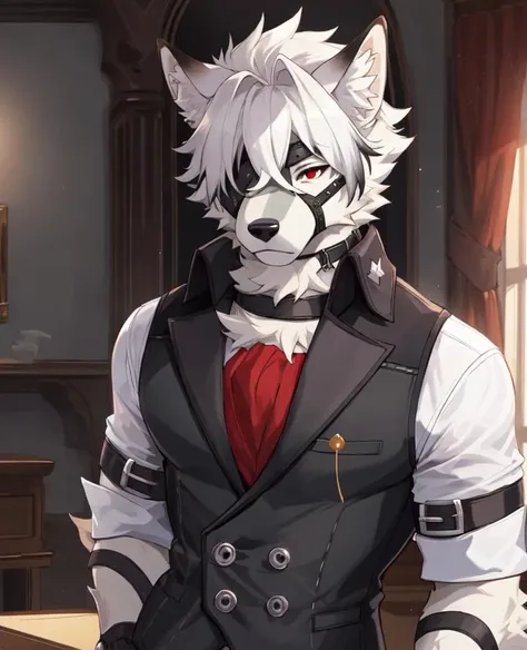 best quality, ultra high res,1furry boy， solo，，((detailed eyes))， volumetric lighting, amazing, finely detail, indoor, luxurious, Western style rooms, upper body, shirt, pants, vest, (body fur, fur, furry, white body, white fur), white hair, lycaon, short hair, wolf ears, eyepatch, tail, wolf boy, red eyes, white arm