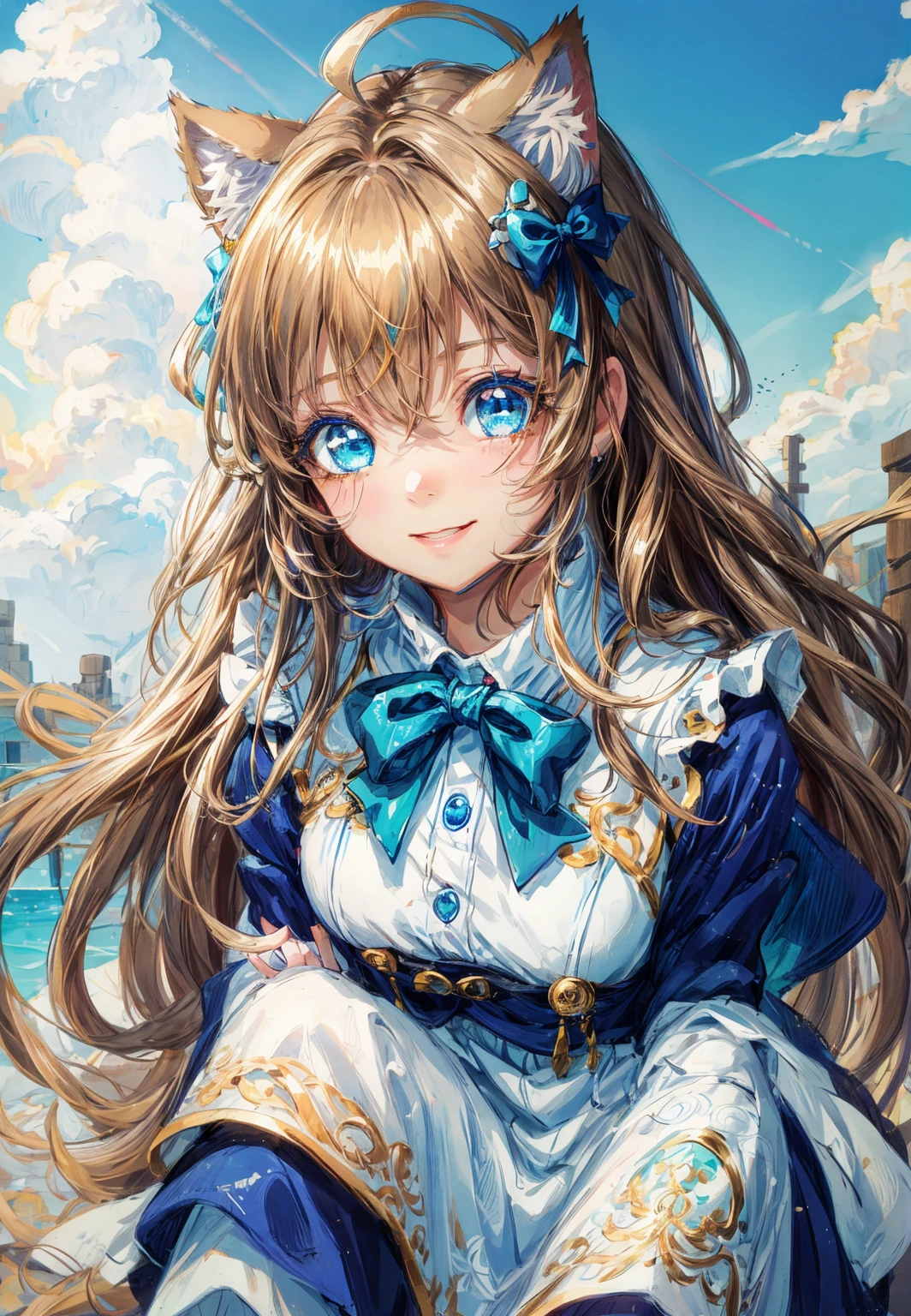 masterpiece, best quality, kawaii,adorable girl, girl,bishoujo,cute,long hair,light brown hair,hair between eyes,ahoge, blue eyes,beautiful detailed eyes,aqua eyes,cat_ears,blue hairbow,white kneehighs,white dress,white infrared sleeve,((beautiful detailed face)), (beautiful detailed eyes),boots,full body,white glove,cute face,happy
