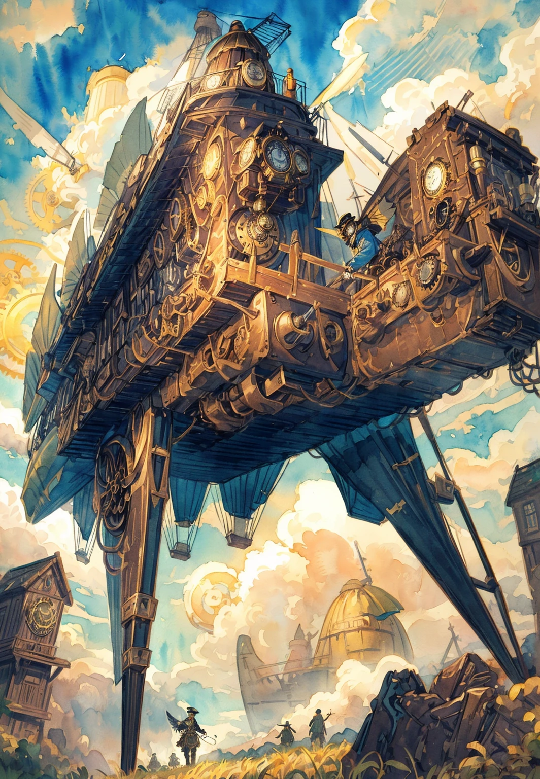 best light,Amazing,dream,((((detailed Steampunk)))),((Victorian era)),sunny,((clear sky)),(depth of field),Hopeful,((sketch)),((((Jiburi)))),((bright color)),(((flat color))),grand space,(((watercolor_(medium)))),(((ink))),(((masterpiece))),((extremely detailed CG unity 8k wallpaper)),((ultra-detailed)),(hometown),((man)),((chromatic aberration)),beautiful blue sky and white clouds, cinematic lighting,((caustic)),((((Floating airship above)))),((many gentlemen)),((Bird Mouth Gas Mask)),(Pocket watch),romanticism,(Science and Mysticism),((Gentleman's high hat)),((Leather riding boots)),(Leather coat),((Windbreaker)),((Motorcycle goggles)),(((Precision flight watch))),Mechanical arm,(((steam))),fantasy,(((gear))), (steam engine),Gothic architecture,wind,fog,Steam powered,(19th Century),machines,((lever drive)),steel,,rivet,(Heavy and slow),Grassland far away from the city,Utopia,The First Industrial Revolution,90s,steam whistle,Canvas wing,((Steam punk wings)),((windmill)),landspace,(hang glider),(Canvas propeller),Hot Air Balloon,Balloon,(Waving Flag),rope,Flying splashes,Dutch windmill,Gothic architecture,Close up focus,(Medieval manor),background,scenecy,kikai,(vapour),Wooden parts,magic,street