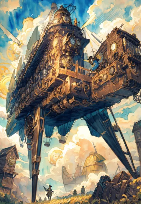 best light,Amazing,dream,((((detailed Steampunk)))),((Victorian era)),sunny,((clear sky)),(depth of field),Hopeful,((sketch)),((((Jiburi)))),((bright color)),(((flat color))),grand space,(((watercolor_(medium)))),(((ink))),(((masterpiece))),((extremely detailed CG unity 8k wallpaper)),((ultra-detailed)),(hometown),((man)),((chromatic aberration)),beautiful blue sky and white clouds, cinematic lighting,((caustic)),((((Floating airship above)))),((many gentlemen)),((Bird Mouth Gas Mask)),(Pocket watch),romanticism,(Science and Mysticism),((Gentleman's high hat)),((Leather riding boots)),(Leather coat),((Windbreaker)),((Motorcycle goggles)),(((Precision flight watch))),Mechanical arm,(((steam))),fantasy,(((gear))), (steam engine),Gothic architecture,wind,fog,Steam powered,(19th Century),machines,((lever drive)),steel,,rivet,(Heavy and slow),Grassland far away from the city,Utopia,The First Industrial Revolution,90s,steam whistle,Canvas wing,((Steam punk wings)),((windmill)),landspace,(hang glider),(Canvas propeller),Hot Air Balloon,Balloon,(Waving Flag),rope,Flying splashes,Dutch windmill,Gothic architecture,Close up focus,(Medieval manor),background,scenecy,kikai,(vapour),Wooden parts,magic,street
