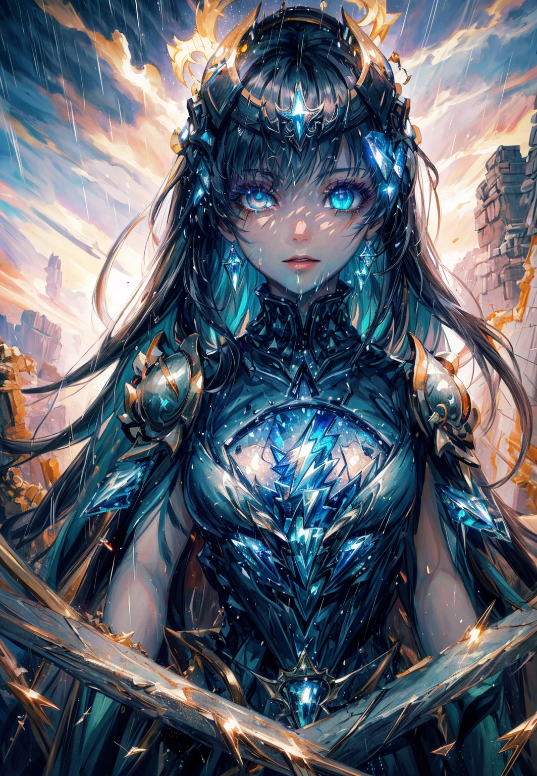 8k,intricate,elegant,highly detailed,majestic,digital photography,cowboy shot,surreal painting,broken glass,(masterpiece, sidelighting, finely detailed beautiful eyes:1.2),hdr,void3nergy lightning storm,woman,wearing regal battle armor,raining,beautiful,facing viewer t,masterpiece,upper body,