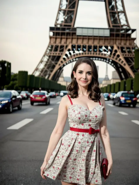 <lyco:alison brie_v1.0b:1> alison brie, posing in paris, eifel tower in the background, wearing a red and white dress, bokeh, sharp, film grain, realistic