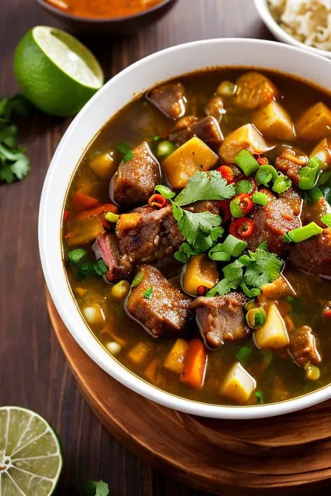 bowl of rawon with meat and chili sauce on wooden table with lime, hot steam, photography, realistic, <lora:ARWRawon:1>