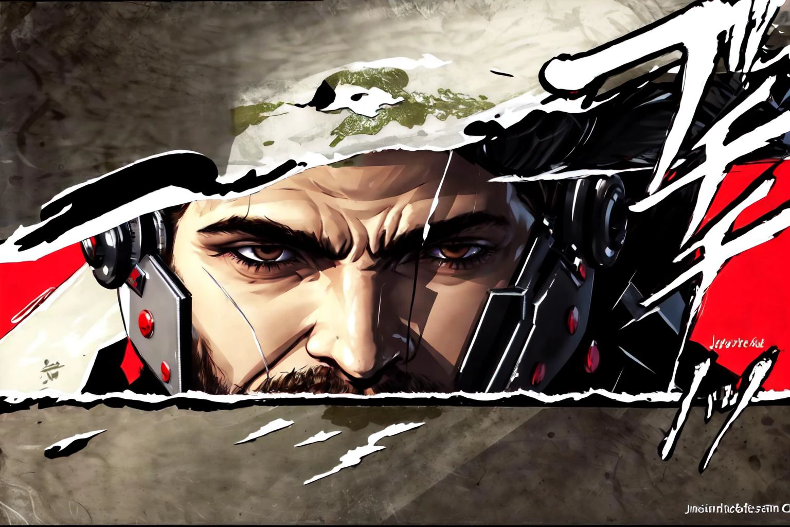 Highly detailed, High Quality, Masterpiece, beautiful, Persona Cut In, <lora:PersonaCutIn-06:1>, 1boy, solo, Jetstream Sam, facial hair, male focus, beard, cyborg, <lora:Char_MGR_JetstreamSam:0.9>