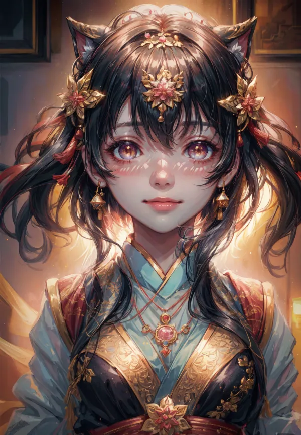 best quality, masterpiece, highres, 1girl,blush,(seductive smile:0.8),star-shaped pupils,china hanfu,hair ornament,necklace, jewelry,Beautiful face,upon_body, tyndall effect,photorealistic, dark studio, rim lighting, two tone lighting,(high detailed skin:1.2), 8k uhd, dslr, soft lighting, high quality, volumetric lighting, candid, Photograph, high resolution, 4k, 8k, Bokeh.