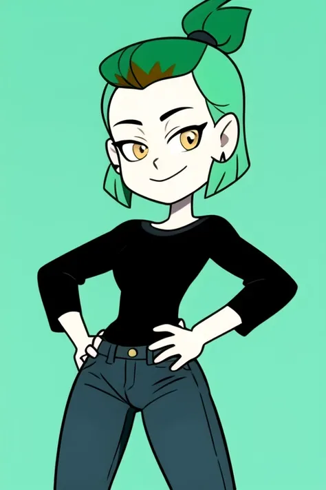 masterpiece, best quality, AmityS1, 1girl, solo, green hair, yellow eyes, hands on hips, short ponytail, smile, simple background, earrings, black shirt, jeans