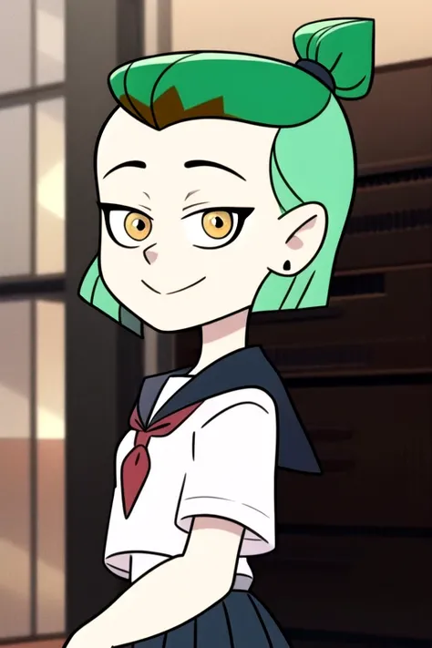 masterpiece, best quality, AmityS1, 1girl, solo, green hair, yellow eyes, short ponytail,  earrings, smile, serafuku, school uniform, pleated skirt, 
