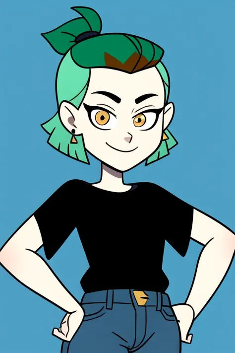 masterpiece, best quality, AmityS1, 1girl, solo, green hair, yellow eyes, hands on hips, short ponytail, smile,  simple background, earrings, black shirt, jeans, 
