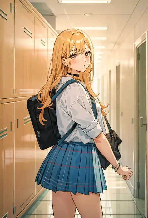 beautiful, (masterpiece), (best quality), perfect eyes, perfect face, perfect lighting, Character: Marin Kitagawa, <lyco:MarinKitagawa:0.7>, backpack, BREAK, Clothing:  school uniform, plaid skirt, black choker, BREAK, Location: School hallway, lockers lining the walls, BREAK, Action: Rushing to class before the bell rings. 
