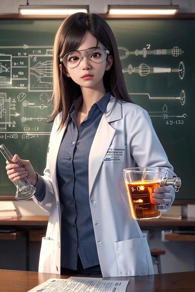 <lora:hipoly_3dcg_v7-epoch-000012:0.5>,3d, realistic, masterpiece, best quality,
1girl,
Scientist, Wearing lab coat, safety goggles or glasses, holding scientific equipment like a beaker or test tube, laboratory background, scientific diagrams or formulas on a chalkboard or paper,
rim lighting, side lighting, cinematic light, ultra high res, 8k uhd, film grain,best shadow, delicate, RAW, light particles,
detailed skin texture, detailed cloth texture, beautiful detailed face, intricate details, ultra detailed