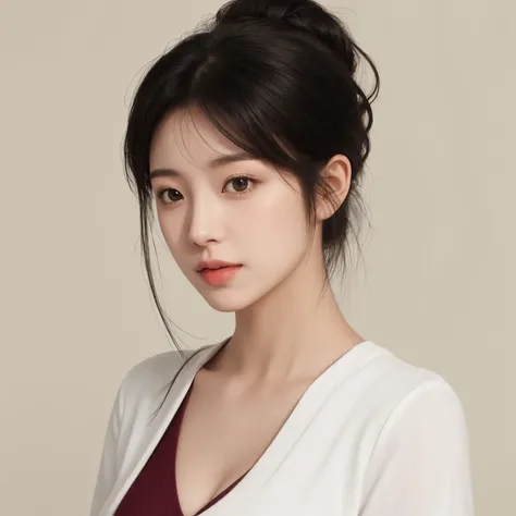 1girl,solo,black hair,realistic,lips,masterpiece,best quality,Solid background,Long hair,Medium breast,hair up,