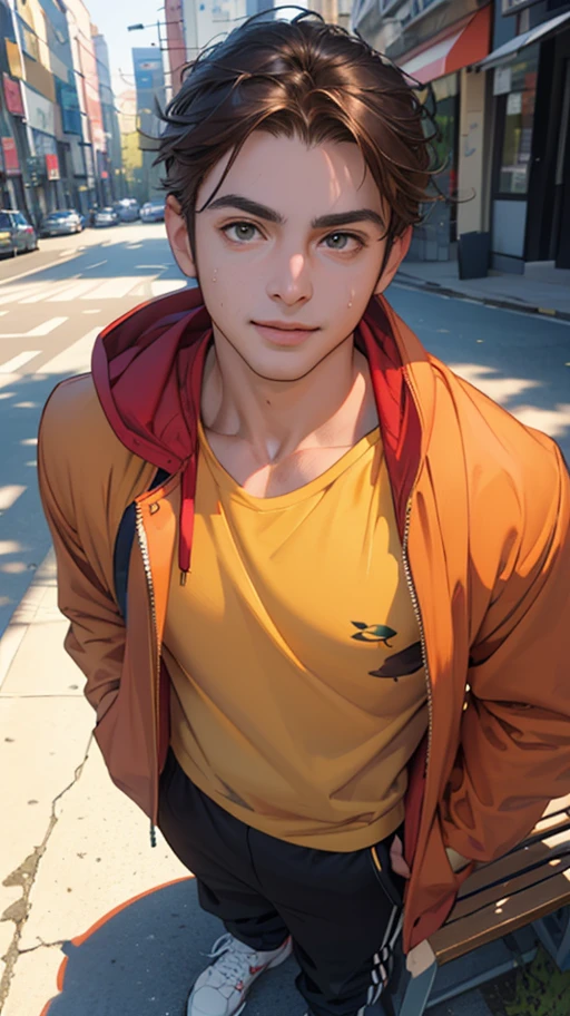 (masterpiece, ultra high res, 16k uhd, high quality),low key,commute,ad,tv,standing,looking at viewer,Hoodie,masterpiece,in the restaurant,sitting,(brown hair),black eyes,turn to the back,smile,Seoul,(small head),Precise human body structure,Precise hand structure,(duck egg face),Light-colored clothing,red coat,yellow top,Unity 16K Wallpapers,Concept Art,A person,8K eyes,Grassland,Dress,Park,Bench,Pigeons,(((mature male))),((big eyes:1.3)),(short hair),((1 American mixed-race man)),Sweatpants,(Realistic face:1.8),Wide Shoulders,Single,(whole body:1.6),andriod 18,