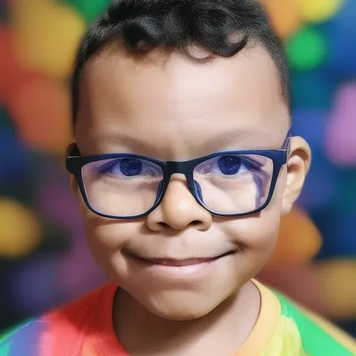 guttonerdvison4, a 3 year old boy wearing glasses, highly detailed photo, sharp details, realistic, 4k, RAW photo, portrait, ultra-realistic, man, glasses, slight smile, rainbow-colored shirt, colorful paint splash background, depth of field, dark environment, studio lighting, right side illumination