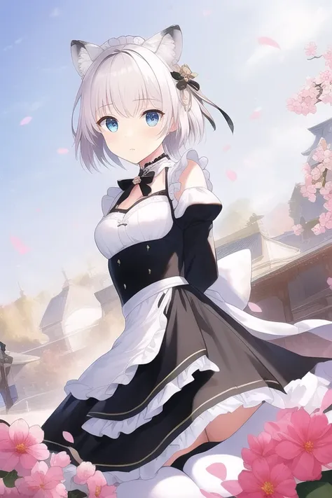 <lora:Kuzunoha :0.8>, kuzunoha, 1girl, solo, long hair, breasts, looking at viewer, animal ears, white hair, small breasts, japanese clothes, two side up, grey eyes, fox ears, halo, bike shorts, waving, smile