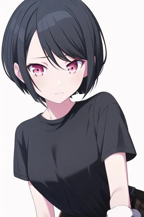 projsekai style, best quality, masterpiece, highres, <lora:simple pjsekai-000009:0.7>
1girl, solo, short sleeves,
((black hair, straight hair)),
(short hair, crossed bangs:1.2), pink eyes,
(black shirt, skull on shirt, white gloves),
no expression, medium breasts, young female, (facing viewer),