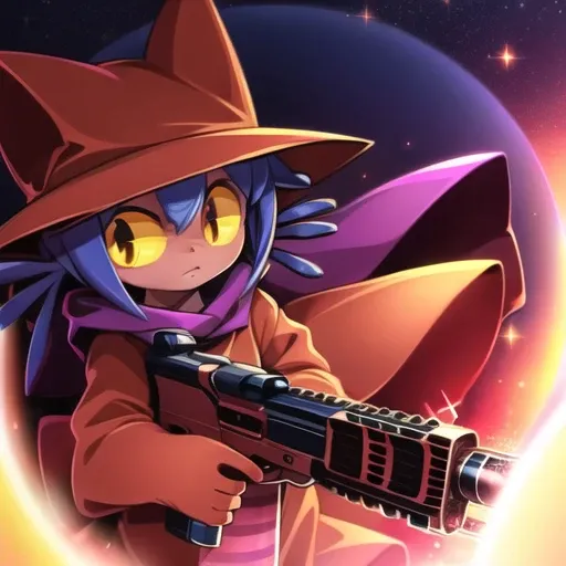 1girl, niko, gun, rifle, hat, yellow eyes, blue hair, galaxy background