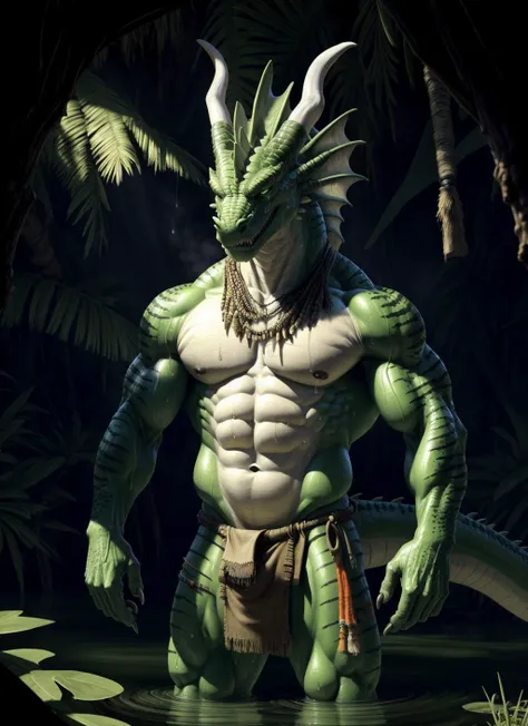 sweat drops, photography, (cool posing:1.1025), smooth skin, ultra realism shading, anthro, green, dragon, photorealistic, nude, suggestive, (rembrandt:1.1025), huge pecs, tribal, warrior, biceps, (loincloth:1.05), tiny small waist, slim hunk, nsfw, in a swamp, white belly, tail

